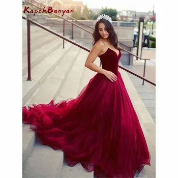 

Burgundy Sweetheart Lace-up Ruffle Tulle Prom Dress A-line Elegant Evening Gown For Women