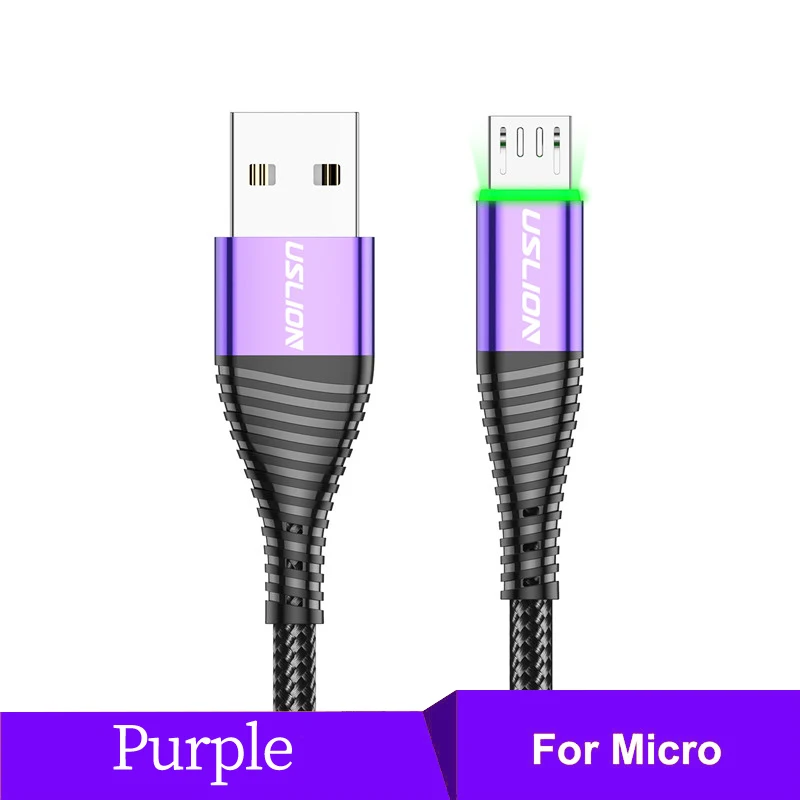 USLION 3A светодиодный Micro USB кабель для быстрой зарядки Micro usb зарядное устройство поддержка передачи данных для samsung шнур Android мобильного телефона - Цвет: Purple