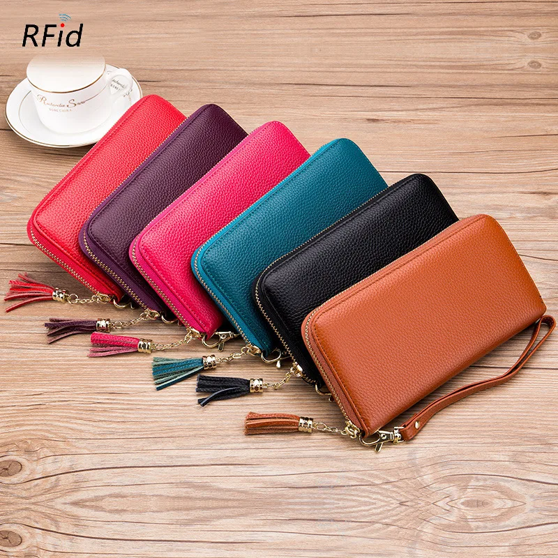 

Smooth Zipper Style Versatile Delicate RFID Genuine Cow Leather Women Long Wallet Mobile Phone Pocket Lady Wrist Money Bag