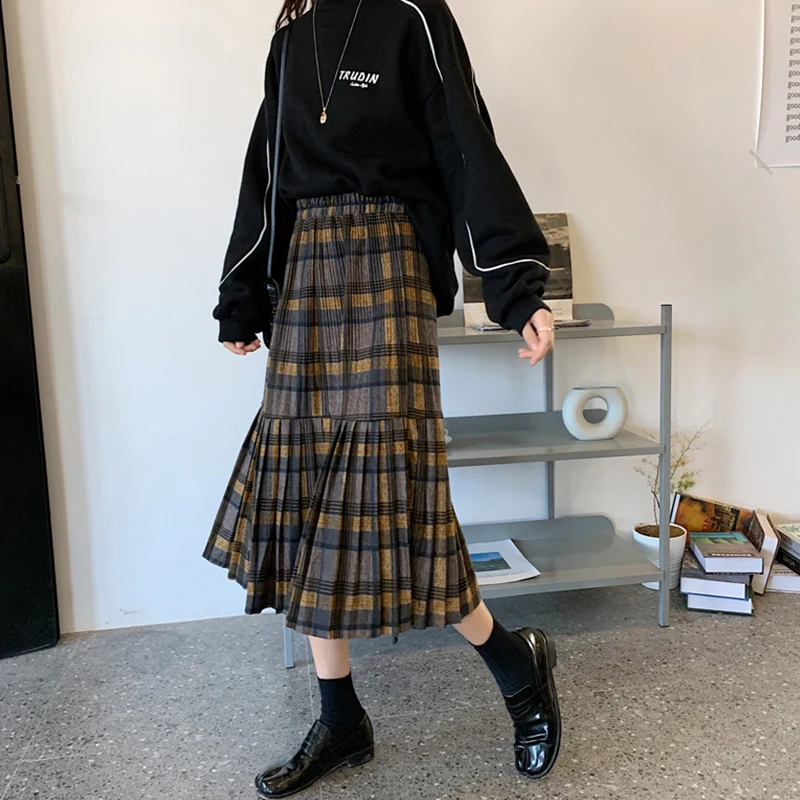 Женская Клетчатая Шерстяная Юбка в стиле ретро Harajuku, свободная плиссированная юбка с высокой талией, женская простая облегающая трапециевидная юбка для женщин