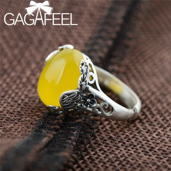 

GAGAFEEL Real S990 Silver Ring For Women Retro Style Inlaid Yellow Chalcedony Rings Female Peacock Open Ring Thai Silver Jewelry