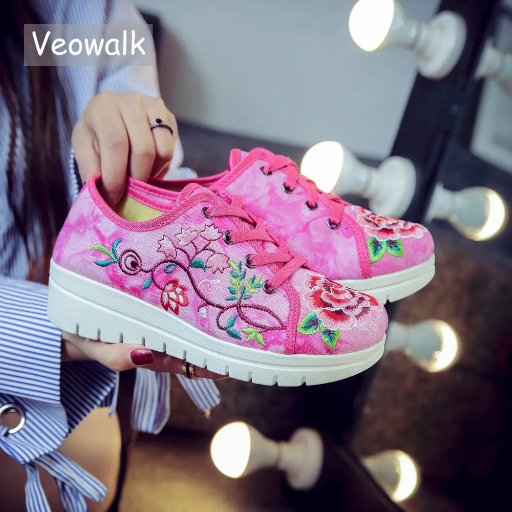 Veowalk распродажа; женские парусиновые кроссовки с цветочной вышивкой; женская повседневная обувь на плоской подошве со шнуровкой; удобная обувь на платформе