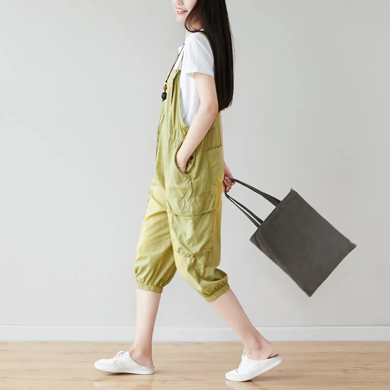 Cargo Pants Mujer Streetwear Women Plus Size Overalls Casual Calf-length Trousers Side Buttons Elastic Bunch Bottom with Pockets