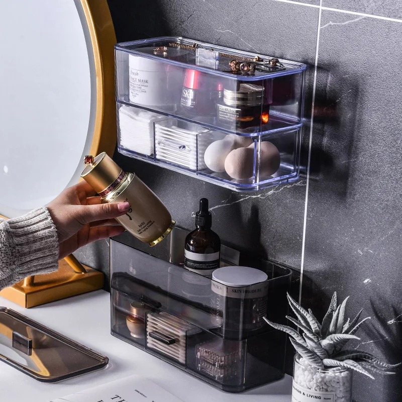  Plastic Two-Layer Makeup Organizer Wall Mounted Cosmetic Storage Box Drawers Beauty Blender Cotton 