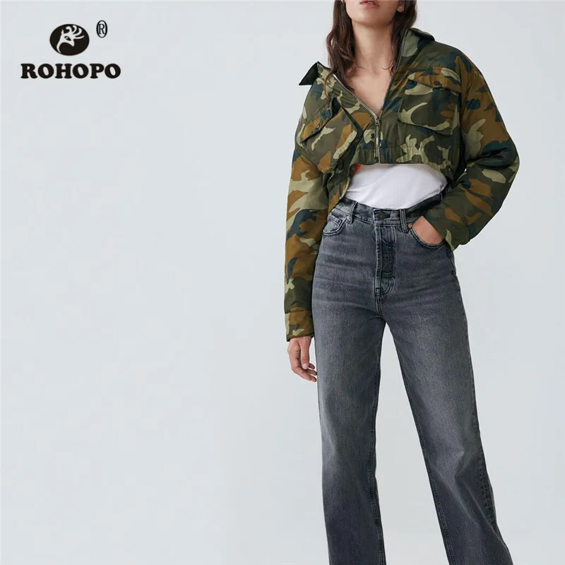 

ROHOPO Lapel Collar Camo Printed With Shouder Band Military Crop Jacket Big Buttons closure Pockets Elastic Trimmed Outwear #288
