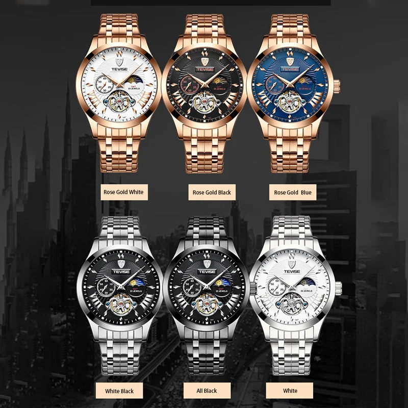 Люксовый бренд Tevise Tourbillon Мужские автоматические механические часы Защита от солнца часы для мужчин Полный нержавеющая сталь подарки Relogio Masculino