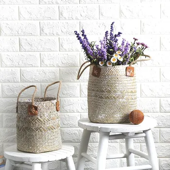 

2Pcs Vintage Wipe White Straw Flower Basket Pot Natural Seagrass Woven Storage Basket Garden Flower Vase Hanging Wicker Baskets