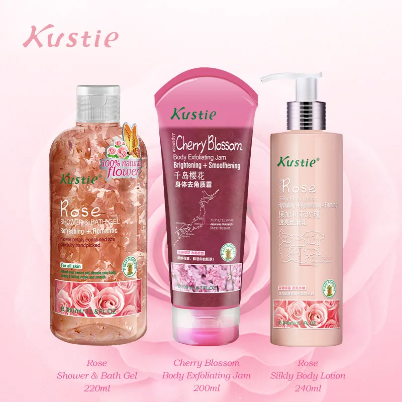

Kustie Bath Set Rose Shower Gel 220ml+ Body Scrub 200ml + Body Lotion 240ml Deep Cleaning Moisturizing Nourishing Skin Care Sets