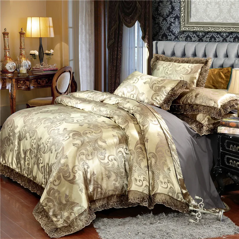 Home textile silver bedding set Jacquard Lace duvet cover set 4pcs bed linen European bed cover luxury golden flat sheet scallop Home textile silver bedding set Jacquard Lace duvet cover set 4pcs bed linen European bed cover luxury golden flat sheet scallop