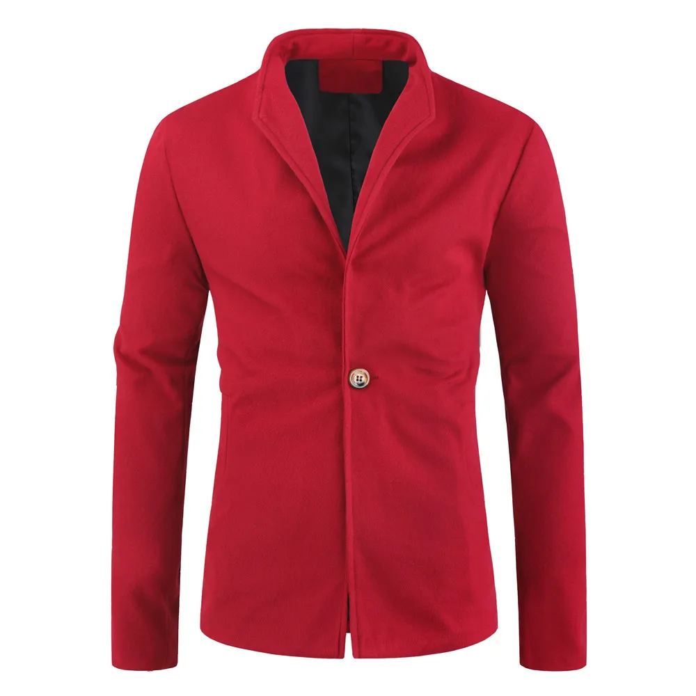 Мужская куртка со стоячим воротником, пальто, осенне-зимнее пальто, мужское однотонное пальто на одной пуговице, Мужская ветровка, повседневное Короткое шерстяное пальто для мужчин - Цвет: Красный