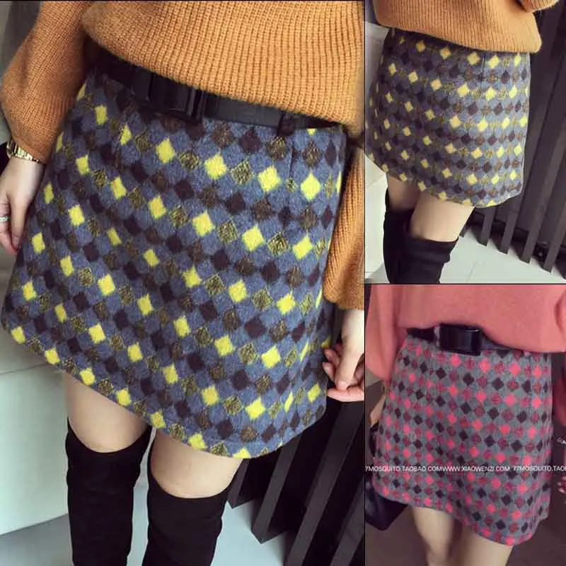 

Winter Slimming Grid Mixed Colors Woolen Skirt Sheath Short Skirt Women's Belt Included