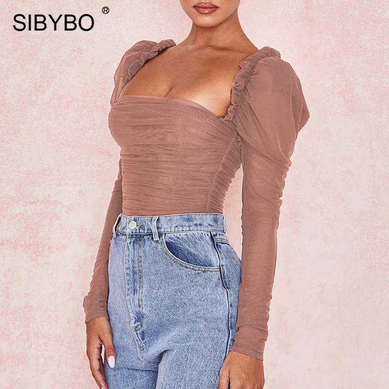 Cheap SIBYBO Mesh Transparent Skinny Sexy Bodysuit Women Long Sleeve Square Collar Women Rompers Backless Nightclub Bodysuit Jumpsuit