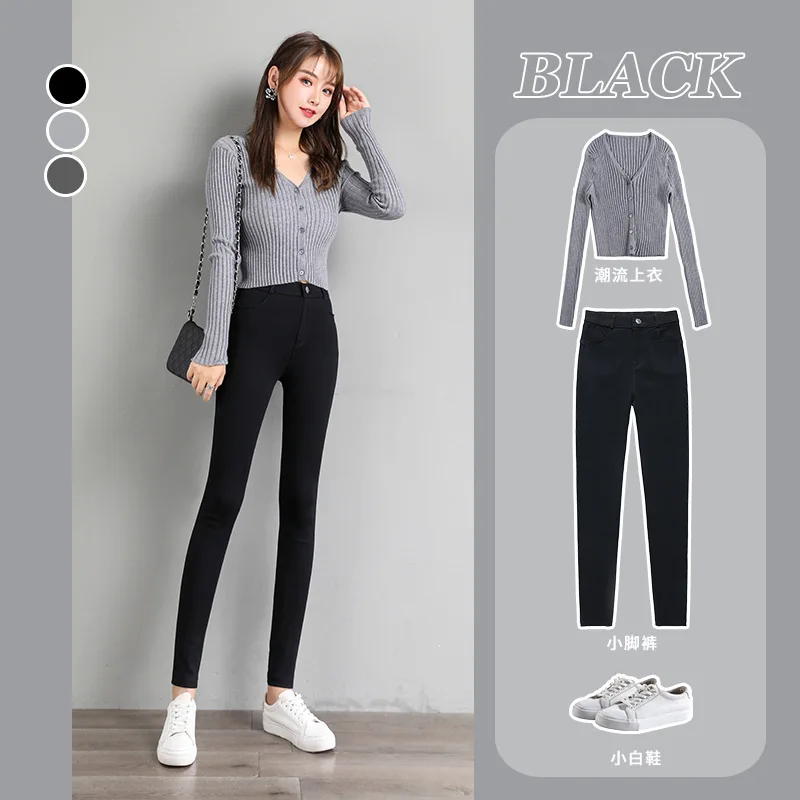 

22020 Autumn Winter Blue Retro Washed Elastic Slim Pencil Trousers Women's Jeans High Waist Stretch Skinny Denim Pants