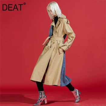 

DEAT Khaki Windbreaker Girls Long Fund 2020 Autumn Easy denim Split Joint Pure Cotton Waist Overknee Loose Coat