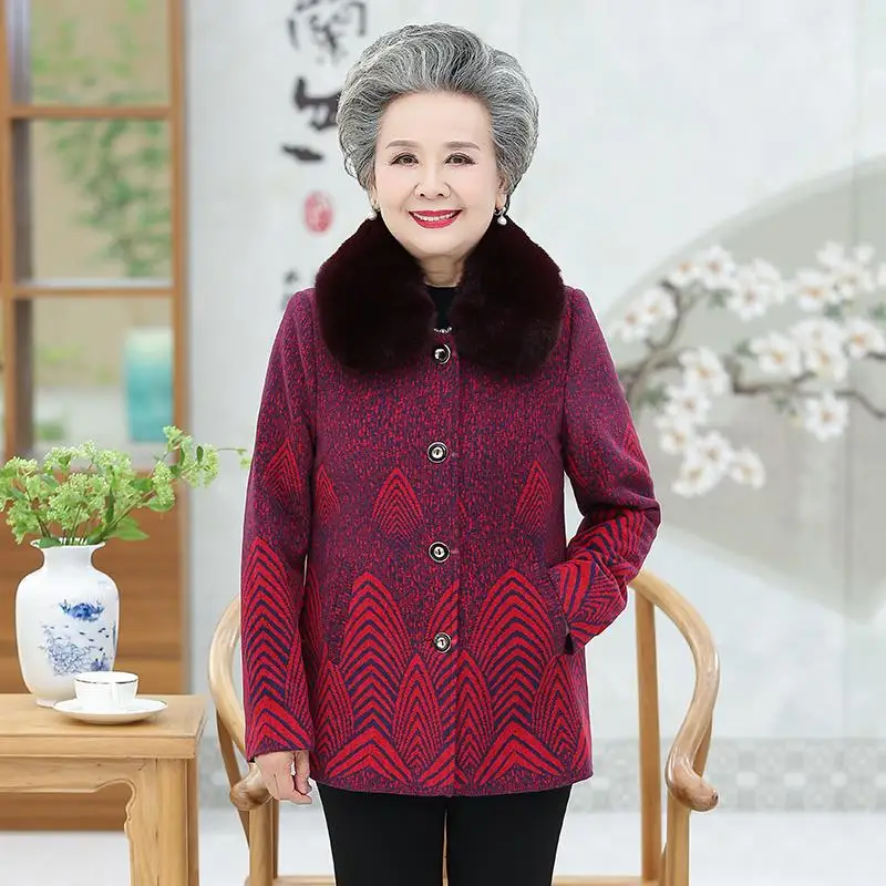 Ideal  Elderly Women Winter Plus Velvet Warm Jacket Coat 2019 Fur Collar Thicken Cotton Coats Old Grandma 