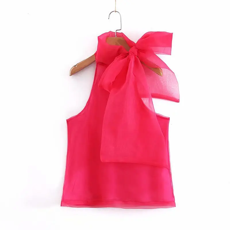 

women bow tie decorate Organza tops sleeveless female casual blouse summer stylish chic solid shirts blusas mujer