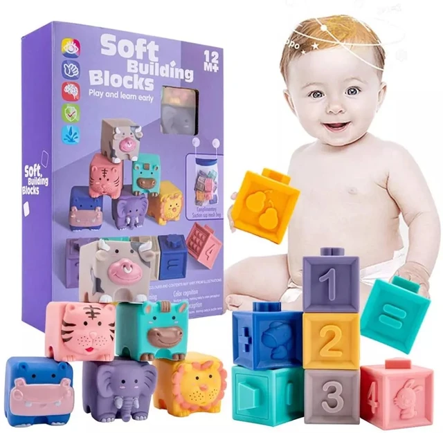 12pcs Baby Soft Rubber Building Blocks 3D Cartoon Animal Hanging Ball Baby Massage Rubber Teether Educational Squeeze Toys 1