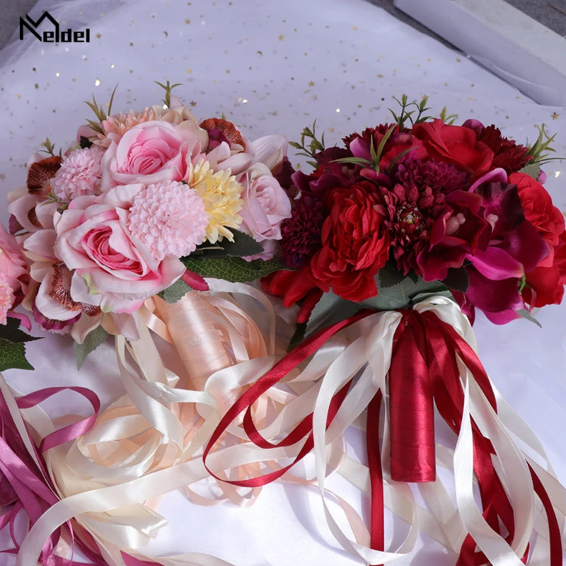 Meldel Свадебный букет свадебный цветок Букет Свадебные принадлежности искусственный шелк розовый цветок пиона Dahlia Орхидея качество букеты