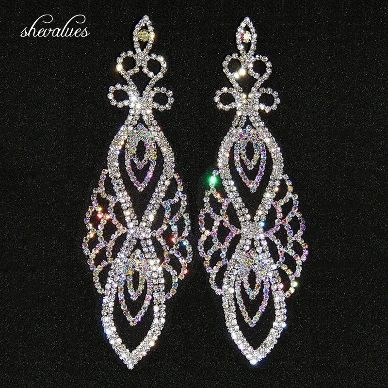 Shevalues AB Diamante Rhinestone Big Drop Earrings Tassel Hollow-out Long Dangle Women Wedding Bridal Crystal Earring | Украшения и