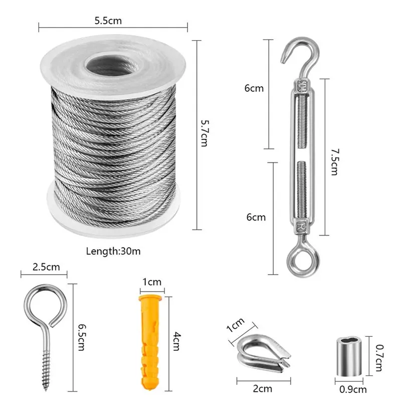 30 M 2 mm Wire Rope Cable Hooks Hanging Kit Flexible PVC