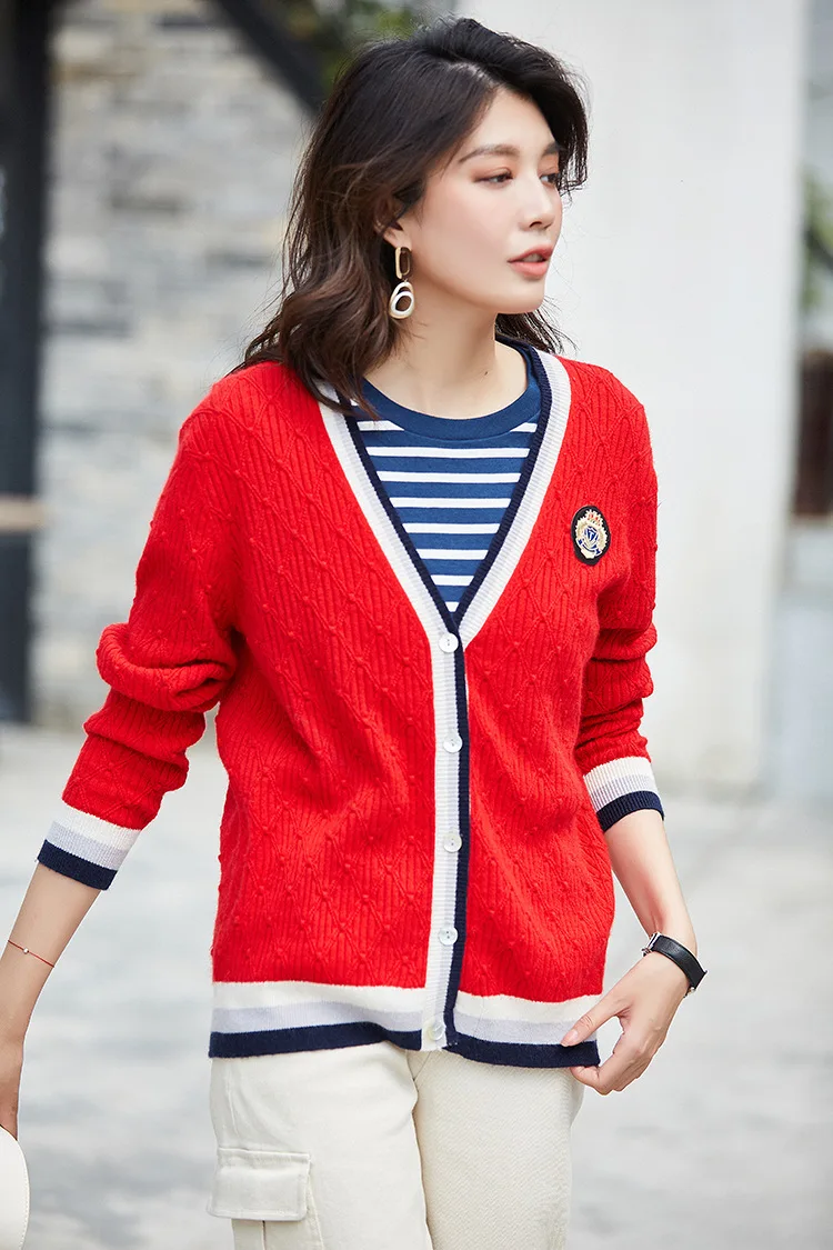 fall Women Autumn Preppy Style Casual Loose Contrast Striped cardigan Wool Knitted Red Sweater jersey mujer sueter damski