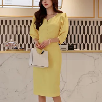 

Spring Women Dress Elegant Yellow V-neck Half Sleeve Long Formal Party Dress Female Bodycon Office Lady Work Summer Clothes