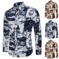 Повседневная Формальная рубашка мужская длинная мужская повседневная печать винтажное тонкое платье с длинным рукавом рубашка блузка