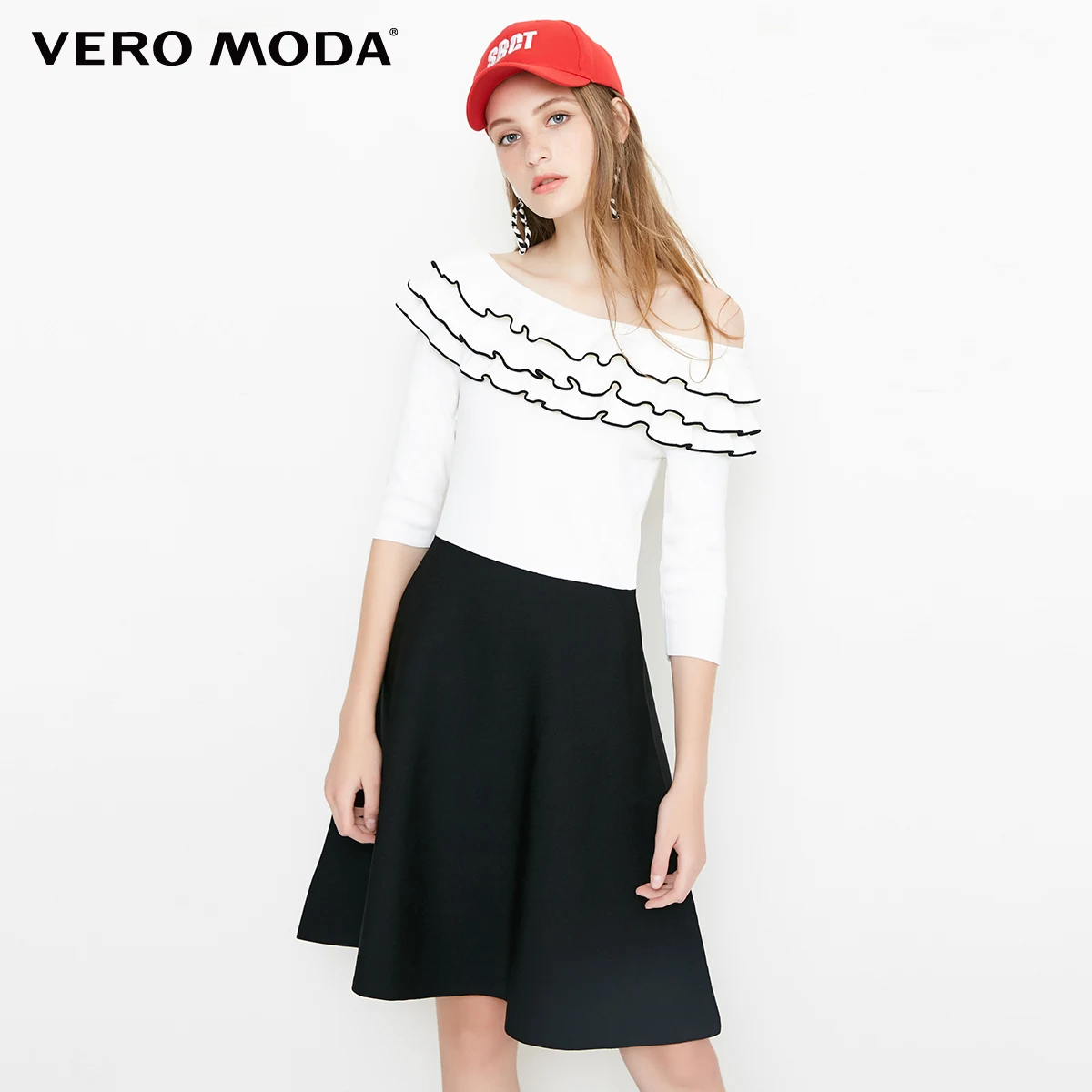 Vero Moda Новое Женское платье трапециевидной формы с вырезом лодочкой и оборками 3/4 рукавами | 318346512 - Color: Snow white