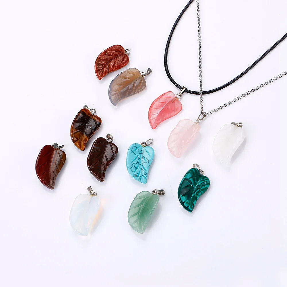 

Natural Stone Leaf Opal Tiger's Eye Kallaite Pink Quartz Crystal Chakra Reiki Healing Pendulum Necklace