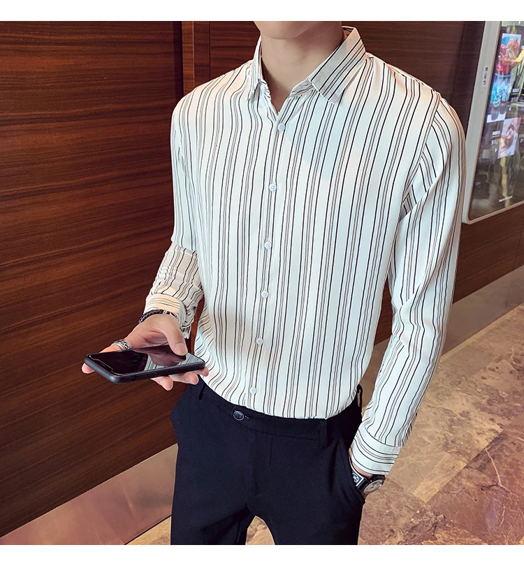 Полосатая мужская деловая рубашка Camisa, повседневная приталенная рубашка с длинным рукавом, Мужская одежда, уличная одежда, Social Top Chemise Homme
