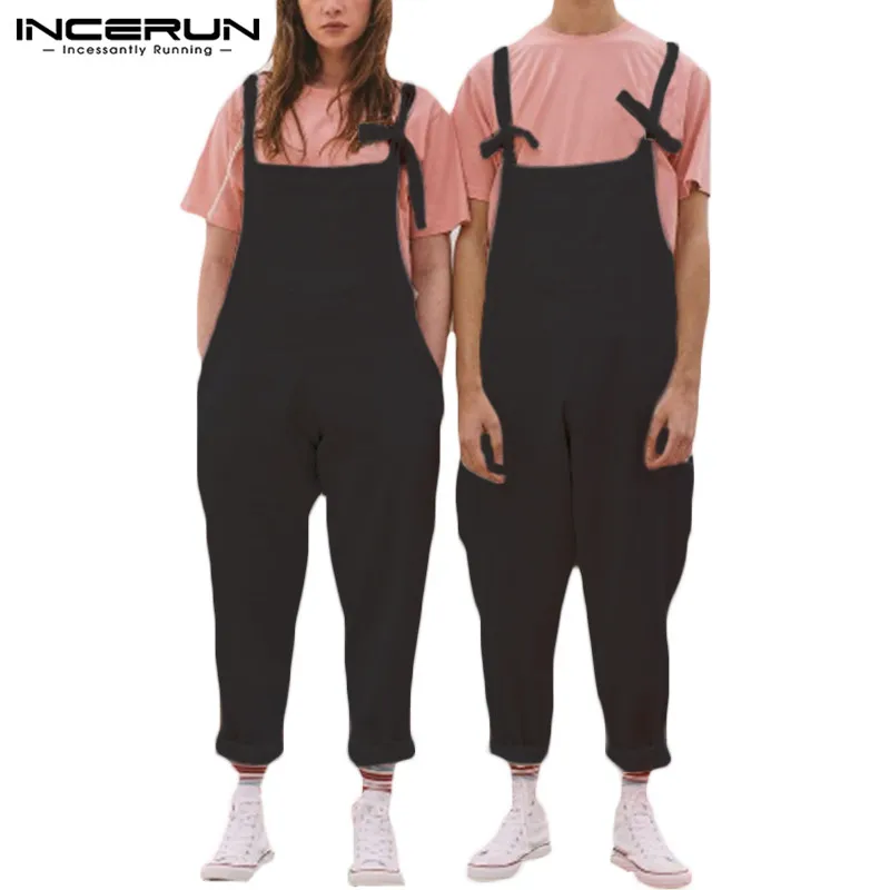 

INCERUN 2019 Men Jumpsuit Cotton Linen Streetwear Loose Solid Couple Rompers Straps Suspender Pockets Joggers Pants Men Overalls