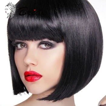 

BRIDE Black Bob Wigs With Neat Bangs Synthetic False Natural Hair Extension For White Women Colorful Costum or Cosplay Wigs