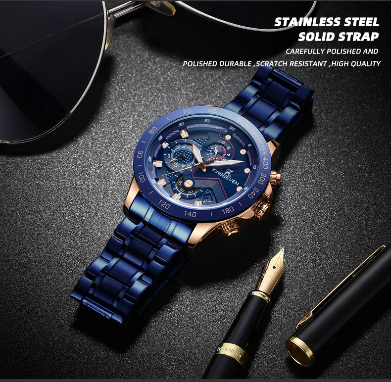 kingseven Fashion Mens Watches Brand Luxury WristWatch Quartz Clock Blue Watch Men Waterproof Sport Chronograph Relogio Mascu