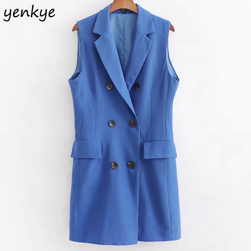 2019 женское двубортное синее шифоновое платье с зубчатым воротником без рукавов