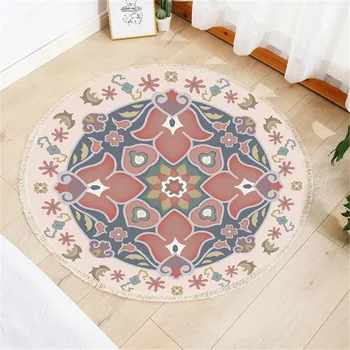 

Boho carpet for Bedroom Round Mandala Rug for Living Room Cute Bohemian Circle Meditation Rug Round Cotton Woven Fringe Mat