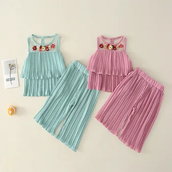

Summer Girls Sweet Flower Vest + Wide Leg Pants Suit Sleeveless Pleated Chiffon Princess Two-Piece Set kids Children's Clothing