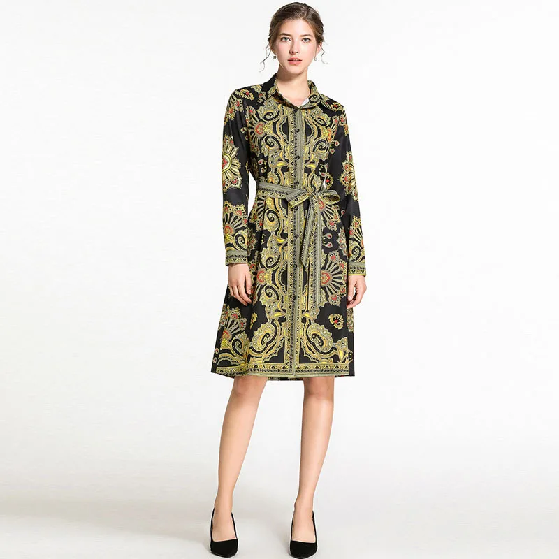 

Ozhouzhan 2019 Spring And Summer New Style Versatile Positioning Printed Mid-length Shirt Collar Dress Elegant