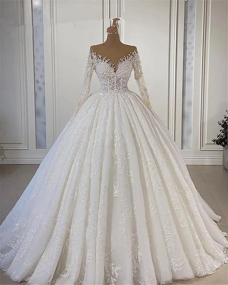 

Princess A Line Wedding Dresses Sequins Beaded Bridal Gowns Long Sleeves Sweep Train Plus Size Marriage Vestido de novia