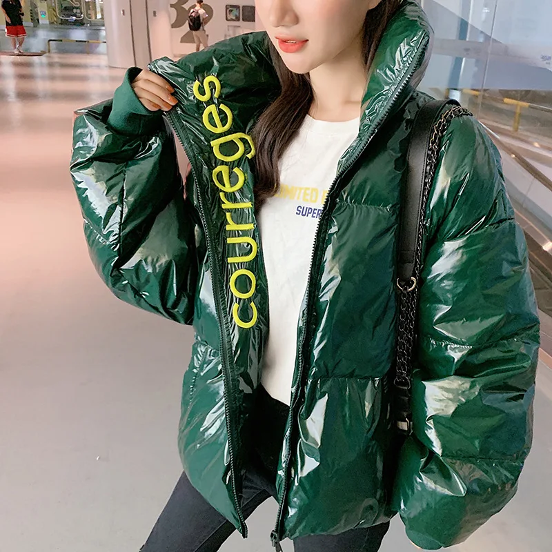 

2019 Winter Women's College Style Bright Surface Cotton-padded Clothes Student Harajuku BF Short Network Red Coat