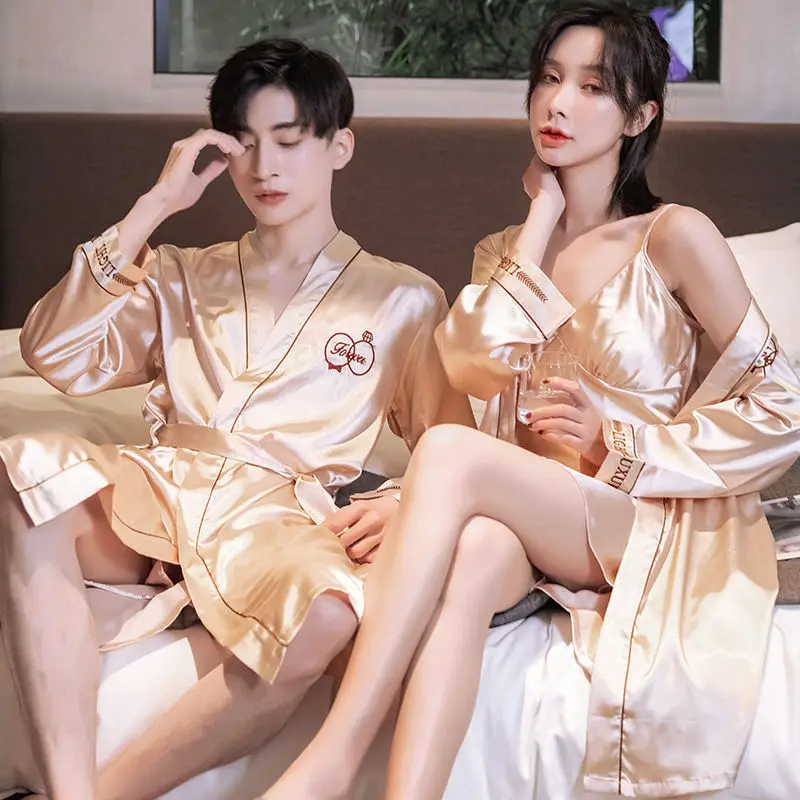 Male Silk Champagne Kimono Bathrobe Gown Home Clothing PLUS SIZE 3XL Men Embroidery Letters Robe Male Sleepwear Loose Nightwear
