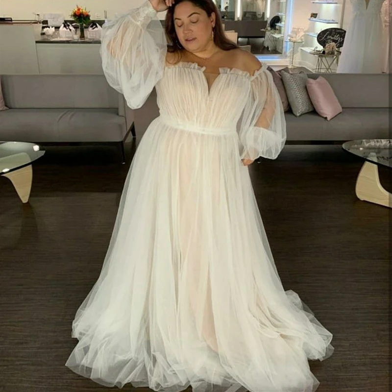 

Plus Size Boho Wedding Dress Off the Shoulder Long Puffy Sleeve Pleats Ruched Soft Tulle A Line Bridal Gown robe de marie