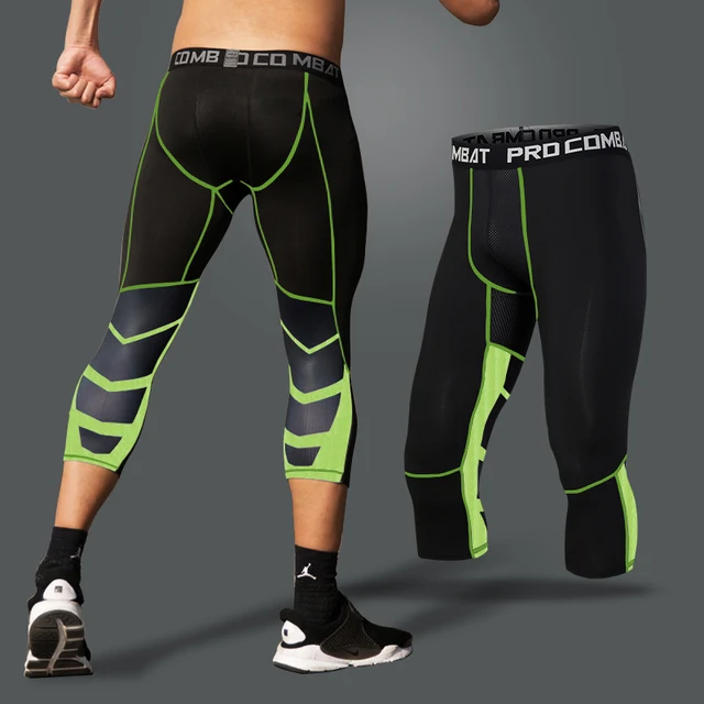 Men's Lycra Compression Pants Cycling Running Basketball Soccer Elasticity Sweatpants Fitness Tights Legging Trousers Rash Guard 1606-Black Green