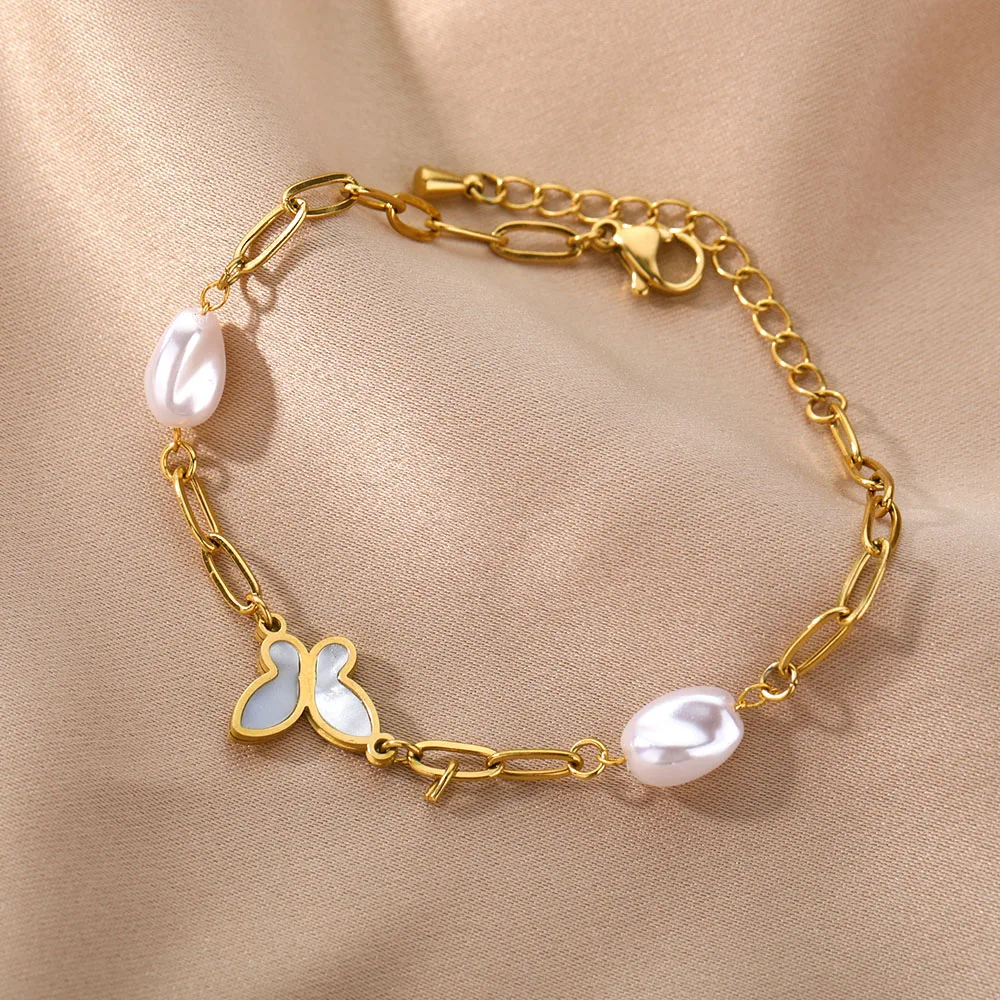 Opal Stone Moonstone Butterfly Bracelets Stainless Steel Gold Charm Pin Chain
