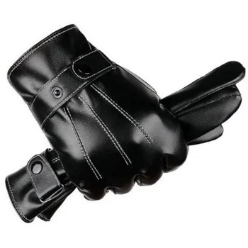 

Leather Men Women's Full-Hand Touchscreen Black Winter Cold Weather Glove Snap Closure Cycling Outdoor Riding Fleece Lining