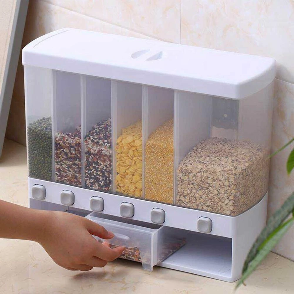 Matériau PP Distributeur de nourriture sèche Récipient de conservation de nourriture sèche Blanc Support mural Distributeur de céréales et céréales 10 kg 6 grilles
