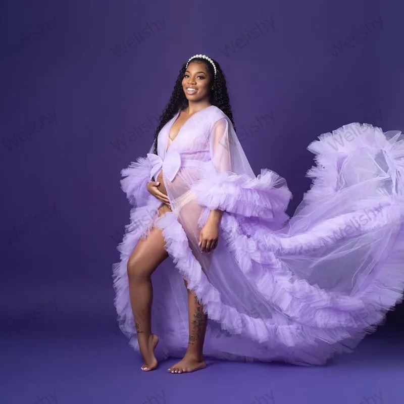 Lavender Maternity Tulle Dresses Women Puffy Long Robes Formal Evening Party Robes Photo Shoot Ball Gown Robe Custom Made