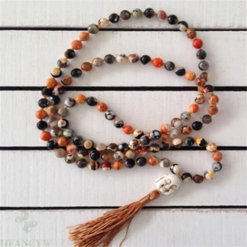 

8mm Orange fire agate 108 beads mala Gemstone necklace Chakas MONK Buddhism Lucky Gemstone men Handmade mala Wrist Fancy