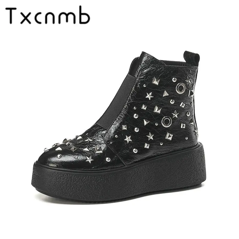 

TXCNMB Boots Women Ankle Boots Round Toe Genuine Leather Autumn Winter Platforms High Heel Casual High Quality Shoes Woman
