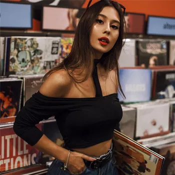 

Women Gothic Crop Tops Off Shoulder Halter Neck Chain Punk Vest Shirts Long Sleeve Black Bodycon Slim T-shirt Pre-fall Outwear
