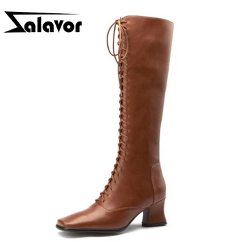 

ZALAVOR New Women Knee High Boots Lace Up Square Heel Women Winter Long Boots Fashion Cool Riding Boots Women Size 33-40